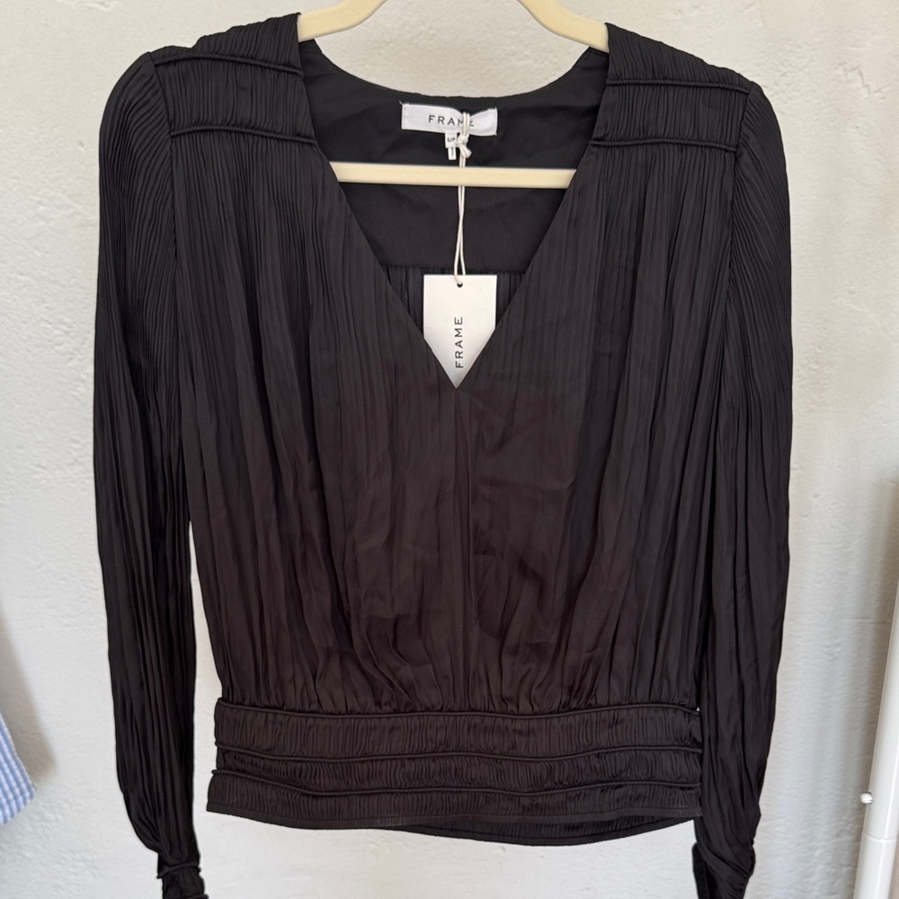 Frame Denim Black Pleated V-Neck Smocked-Waist Blouse